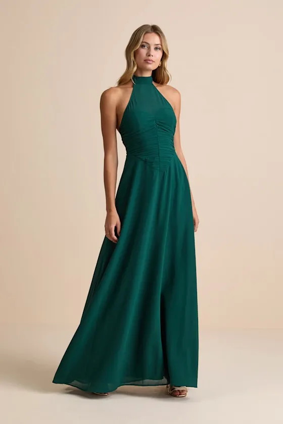 Cammie Emerald Halter Neck Ruched Maxi Dress sold by Lulus