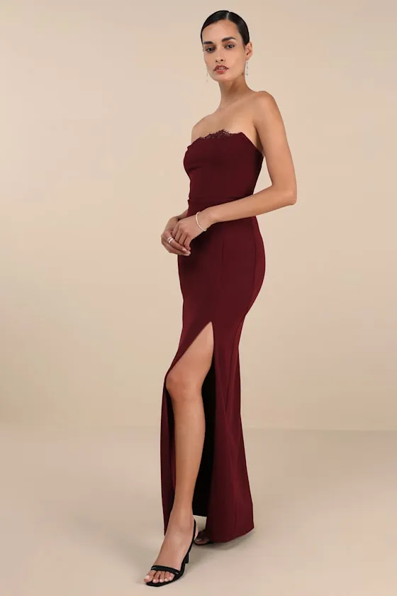 Memorably Iconic Burgundy Strapless Lace Bustier Maxi Dress sold by Lulus