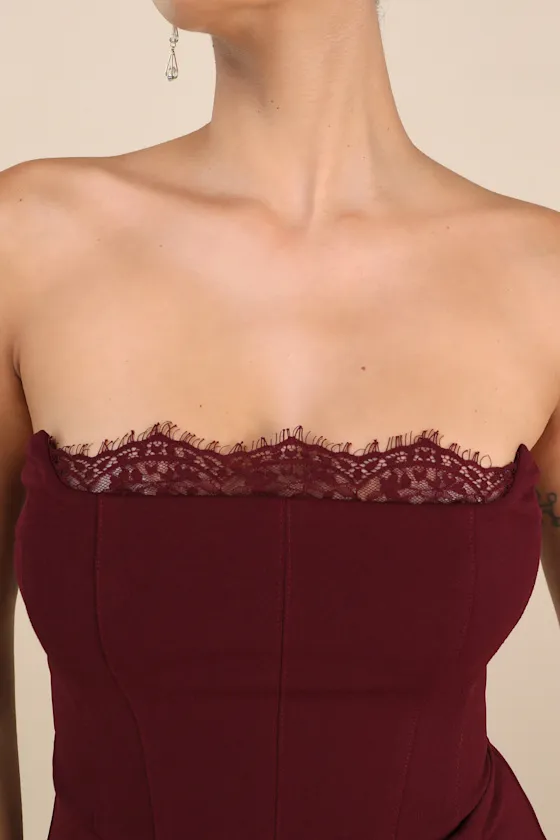 Memorably Iconic Burgundy Strapless Lace Bustier Maxi Dress sold by Lulus product image thumbnail 2