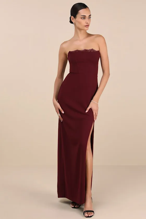 Memorably Iconic Burgundy Strapless Lace Bustier Maxi Dress sold by Lulus product image thumbnail 3