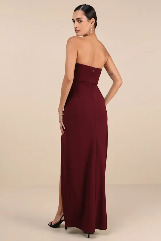 Memorably Iconic Burgundy Strapless Lace Bustier Maxi Dress sold by Lulus product image thumbnail 4