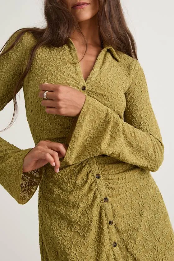 Marcella Chartreuse Jacquard Button-Front Mini Dress sold by Lulus