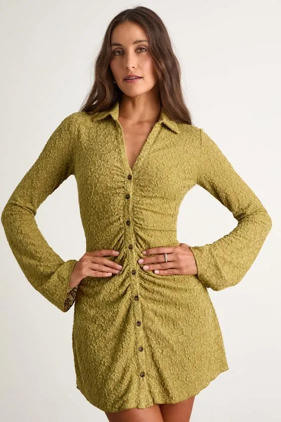 Marcella Chartreuse Jacquard Button-Front Mini Dress sold by Lulus product image thumbnail 4