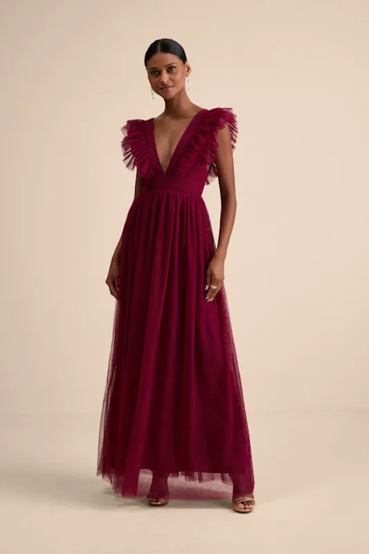 Simply Delighted Burgundy Mesh Ruffled Backless Maxi Dress sold by Lulus