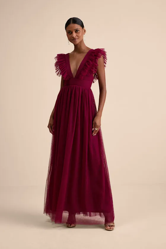Simply Delighted Burgundy Mesh Ruffled Backless Maxi Dress sold by Lulus