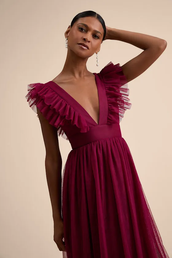 Simply Delighted Burgundy Mesh Ruffled Backless Maxi Dress sold by Lulus product image thumbnail 2