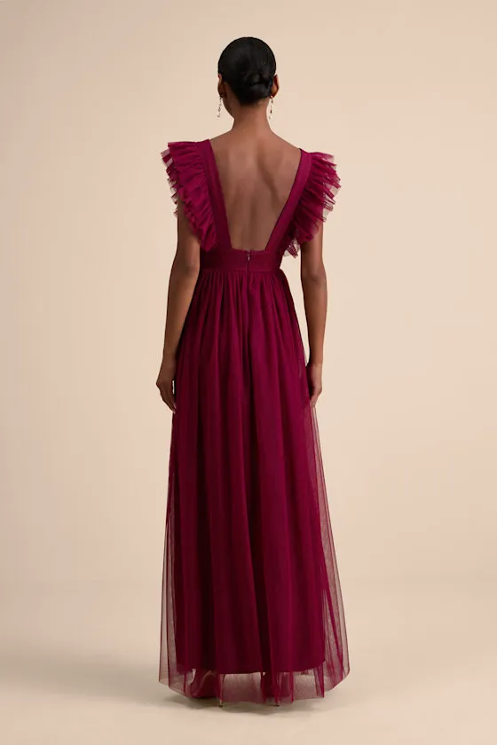 Simply Delighted Burgundy Mesh Ruffled Backless Maxi Dress sold by Lulus product image thumbnail 3