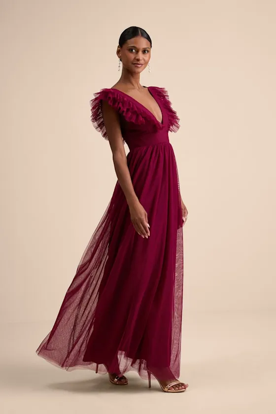 Simply Delighted Burgundy Mesh Ruffled Backless Maxi Dress sold by Lulus product image thumbnail 4