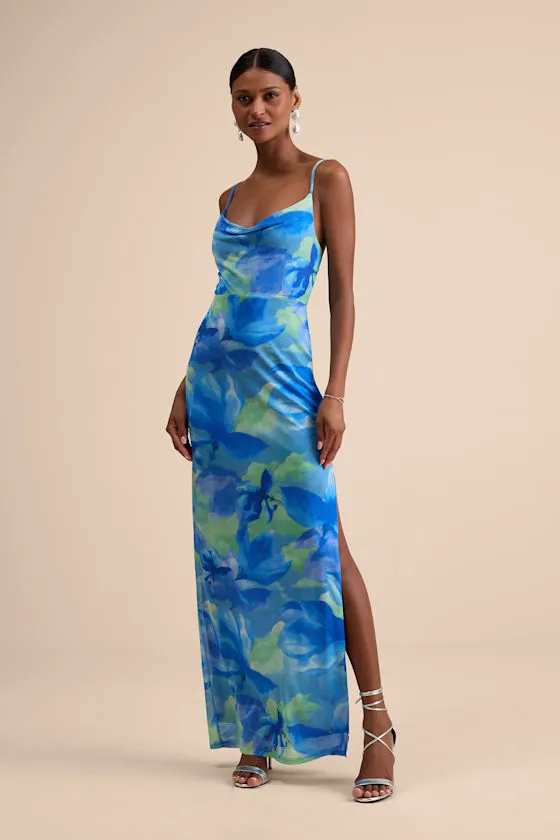 Sunniva Blue Multi Print Mesh Cowl Maxi Dress sold by Lulus