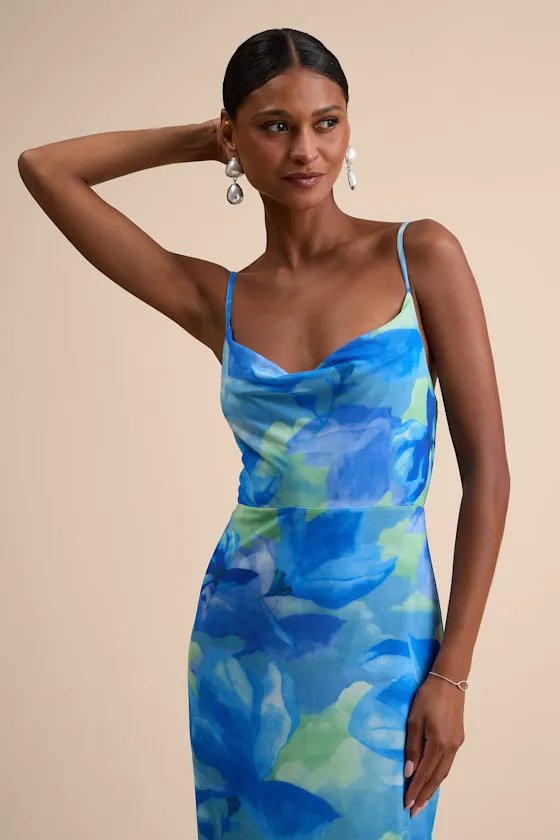 Sunniva Blue Multi Print Mesh Cowl Maxi Dress sold by Lulus product image thumbnail 2