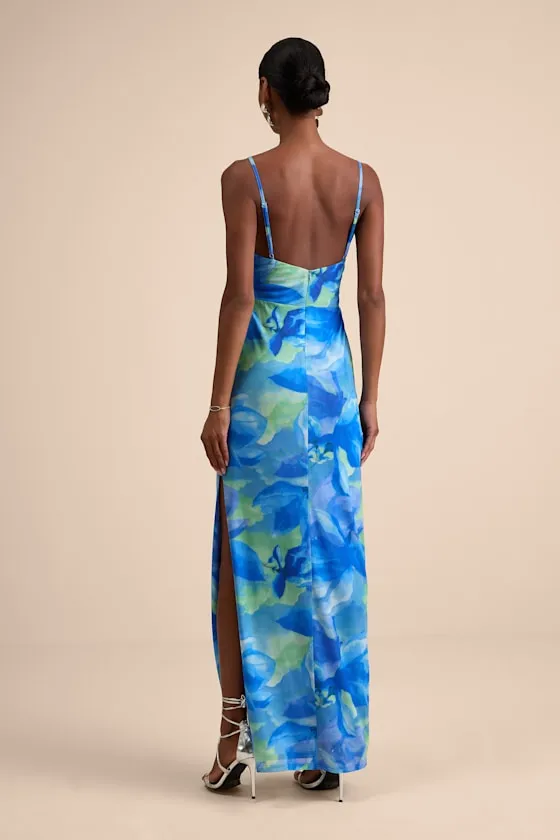 Sunniva Blue Multi Print Mesh Cowl Maxi Dress sold by Lulus product image thumbnail 3