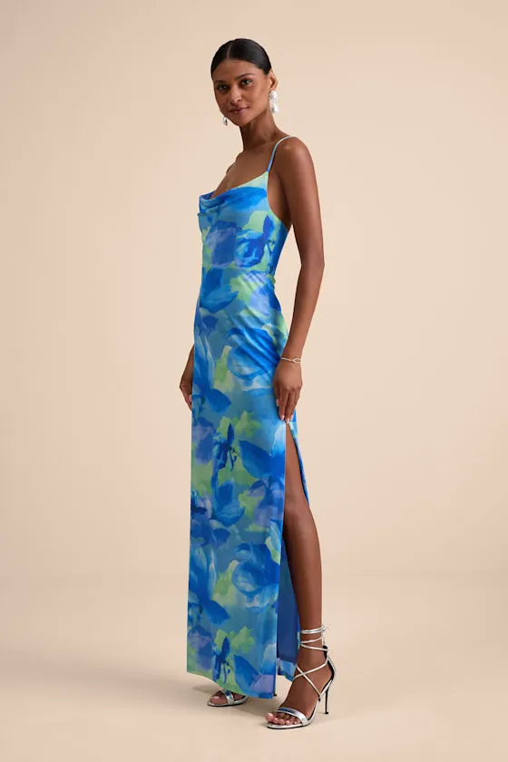 Sunniva Blue Multi Print Mesh Cowl Maxi Dress sold by Lulus product image thumbnail 4