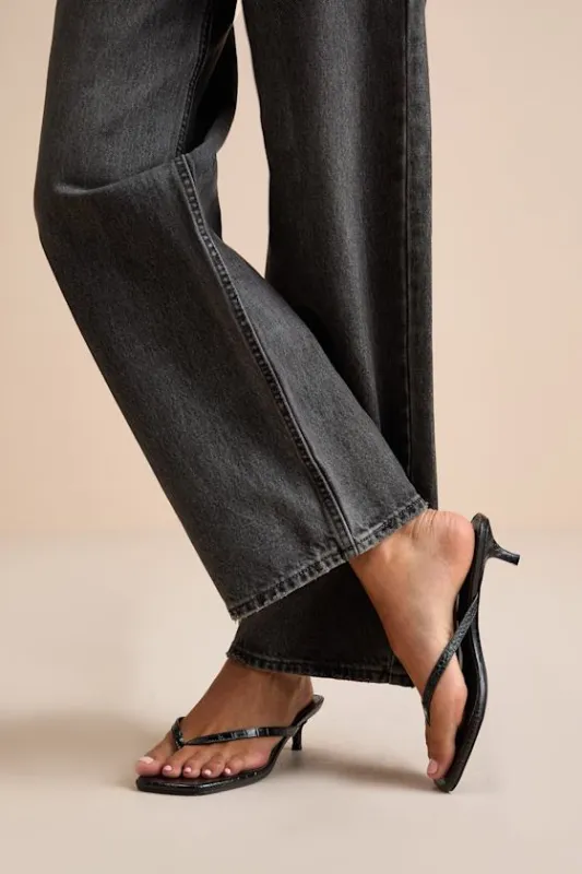Massima Black Croc-Embrossed Kitten Heel Thong Sandals sold by Lulus