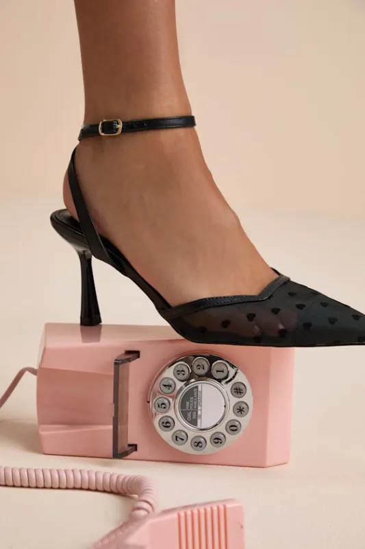 Polaris Black Mesh Heart Ankle Strap Pumps sold by Lulus