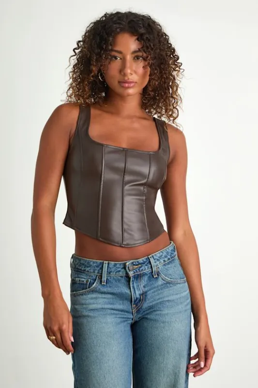 Alikah Dark Brown Vegan Leather Bustier Tank Top sold by Lulus