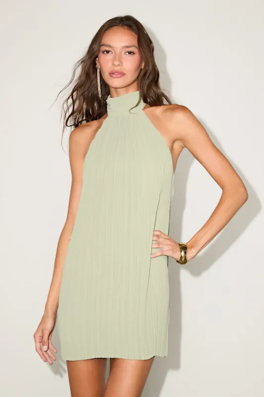 Gretchen Sage Pleated Halter Backless Mini Dress sold by Lulus