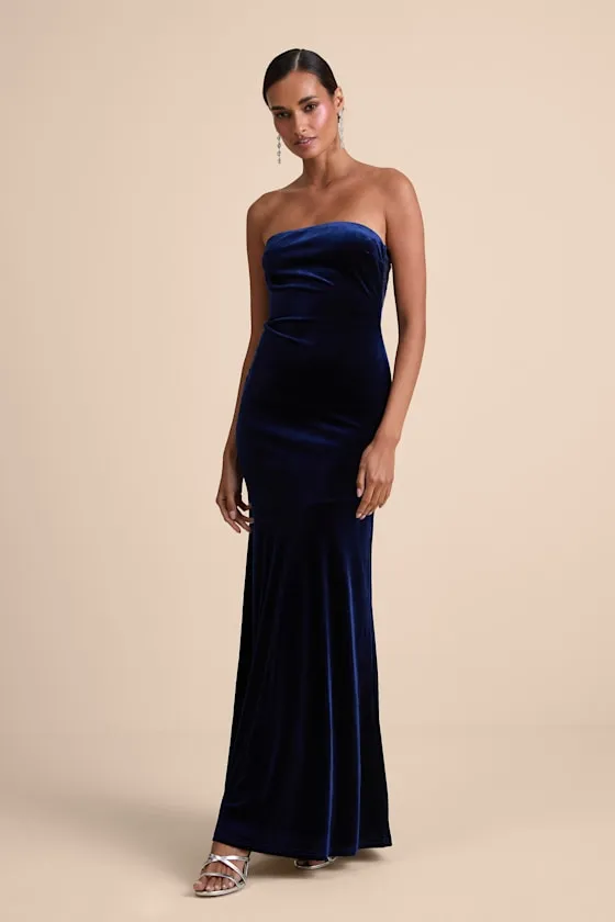 Mesmerizing Elegance Navy Velvet Strapless Backless Maxi Dress sold by Lulus