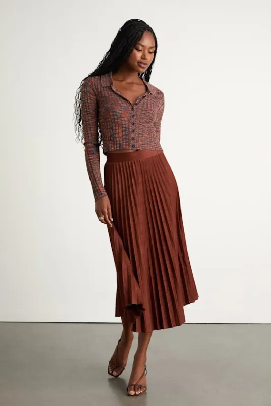 Raylie Rust Brown Suede Pleated Midi Skirt sold by Lulus