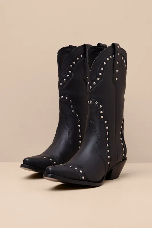 Sweet Treat Black Leather Studded Mid-Calf Western Boots sold by Lulus