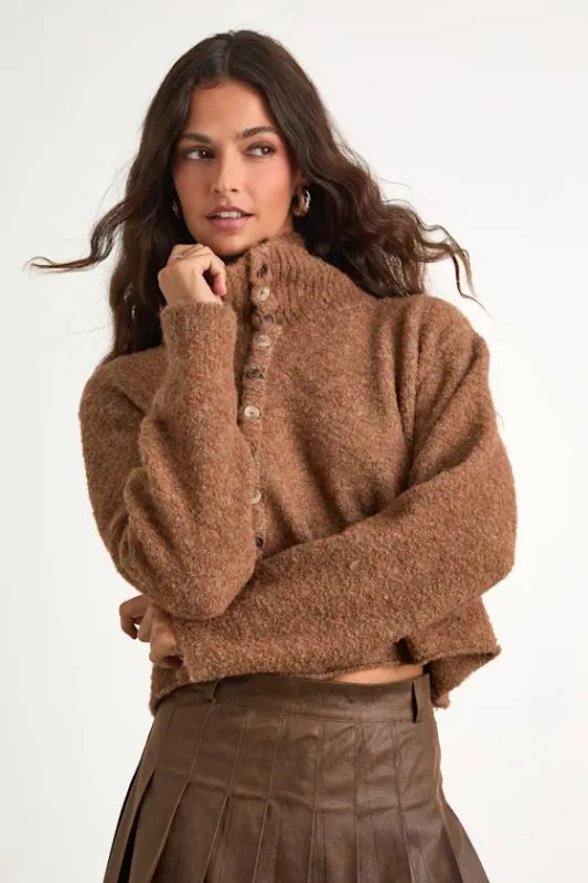 Button Way Marled Brown Turtleneck Cardigan Sweater sold by Lulus