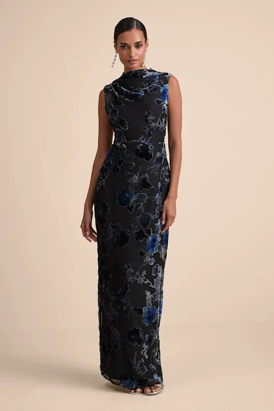 Composed Glamour Blue and Black Floral Burnout Velvet Maxi Dress sold by Lulus