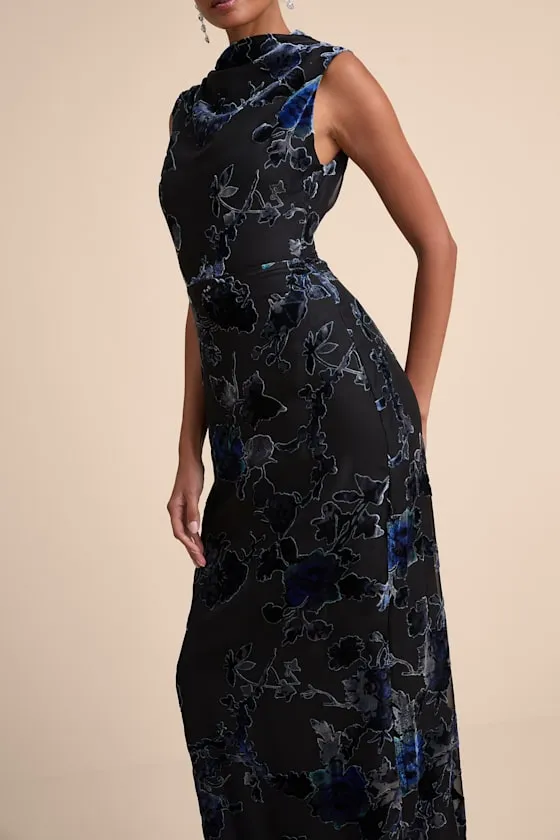 Composed Glamour Blue and Black Floral Burnout Velvet Maxi Dress sold by Lulus product image thumbnail 2