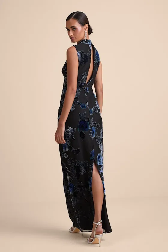 Composed Glamour Blue and Black Floral Burnout Velvet Maxi Dress sold by Lulus product image thumbnail 3