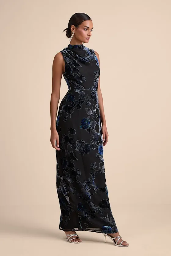 Composed Glamour Blue and Black Floral Burnout Velvet Maxi Dress sold by Lulus product image thumbnail 4