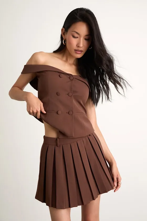 Mahika Brown Pleated High-Rise Skort sold by Lulus