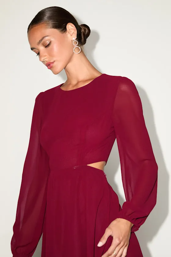 Garden Bliss Wine Red Long Sleeve Cutout Mini Dress sold by Lulus product image thumbnail 2
