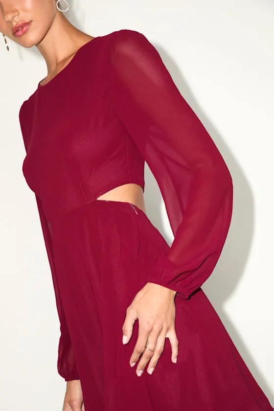 Garden Bliss Wine Red Long Sleeve Cutout Mini Dress sold by Lulus product image thumbnail 4