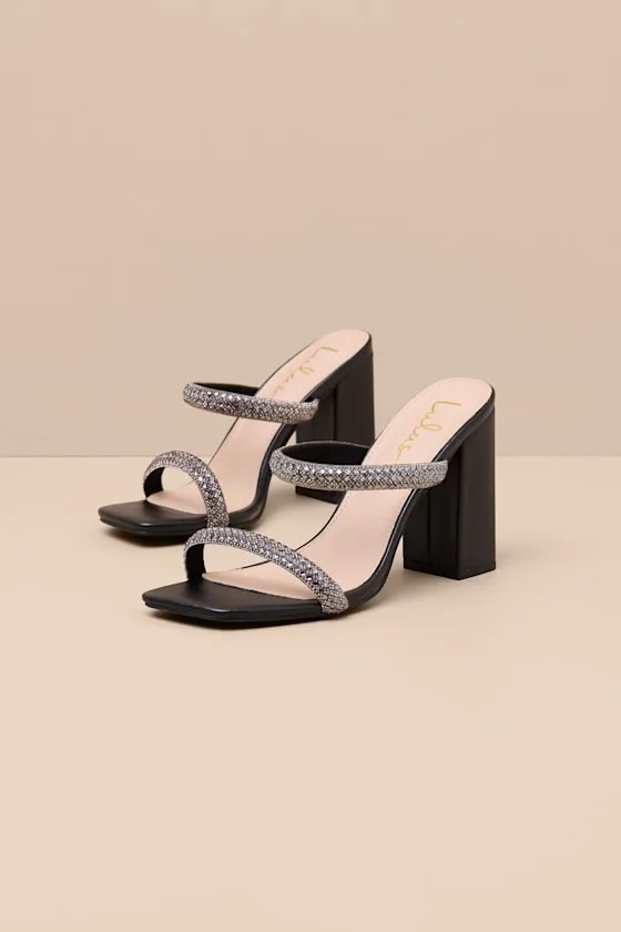 Cosmia Black Rhinestone High Heel Slide Sandals sold by Lulus