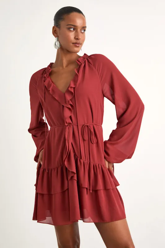 Allirah Rust Red Ruffled Long Sleeve Mini Dress made by Lulus