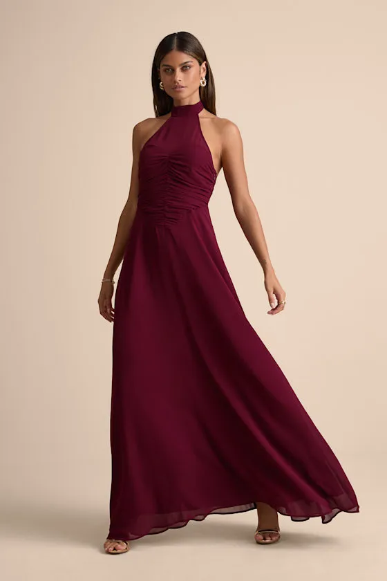 Cammie Burgundy Halter Neck Ruched Maxi Dress sold by Lulus