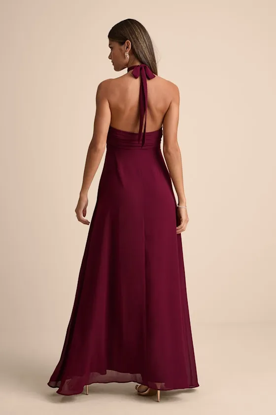 Cammie Burgundy Halter Neck Ruched Maxi Dress sold by Lulus product image thumbnail 3
