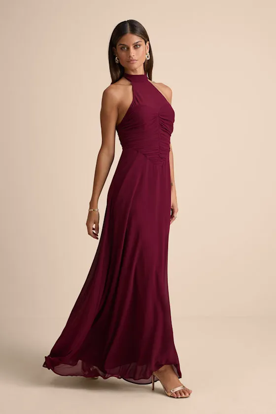 Cammie Burgundy Halter Neck Ruched Maxi Dress sold by Lulus product image thumbnail 4