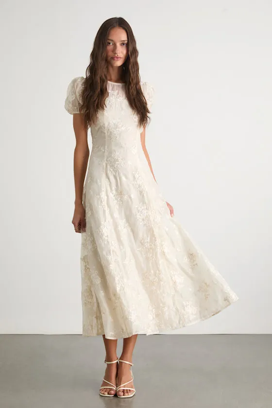 Elfrieda Cream Floral Embroidered Puff Sleeve Midi Dress sold by Lulus