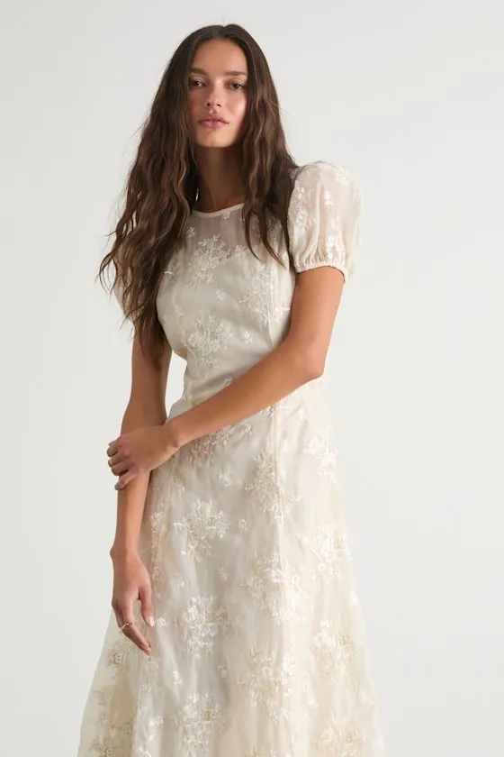 Elfrieda Cream Floral Embroidered Puff Sleeve Midi Dress sold by Lulus product image thumbnail 2