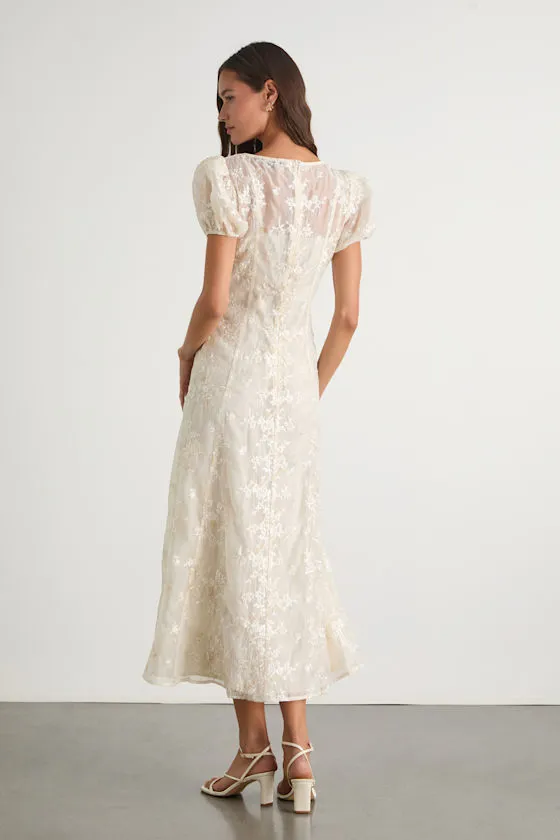 Elfrieda Cream Floral Embroidered Puff Sleeve Midi Dress sold by Lulus product image thumbnail 3