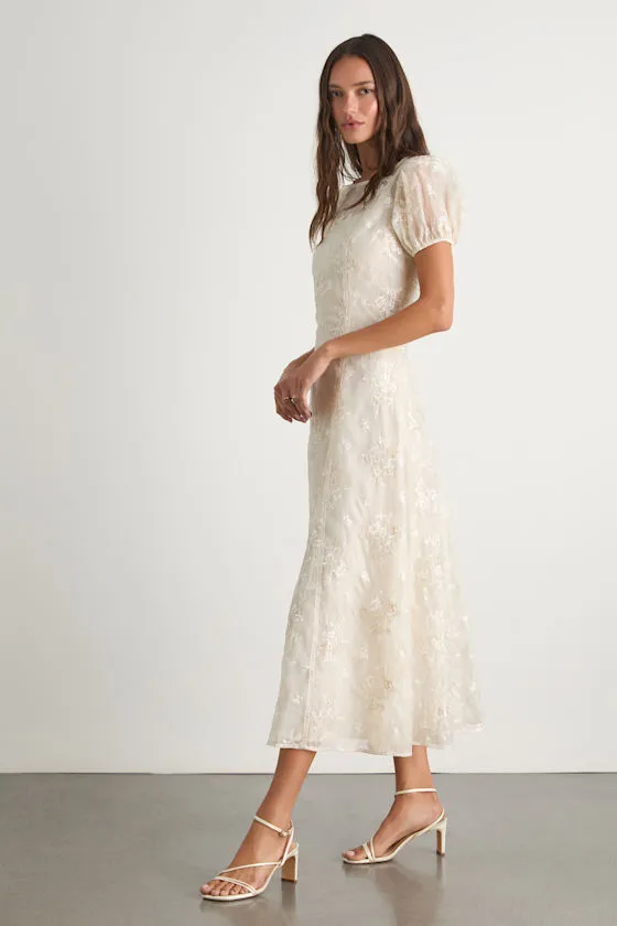 Elfrieda Cream Floral Embroidered Puff Sleeve Midi Dress sold by Lulus product image thumbnail 4
