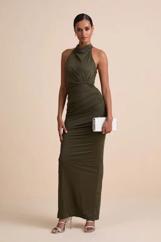 Seraiah Olive Green Knotted Ruched Halter Maxi Dress sold by Lulus