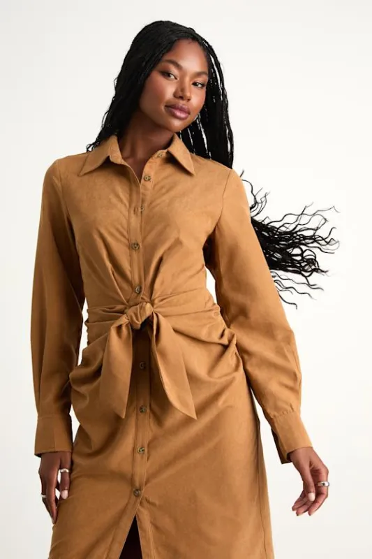Autumnal Views Tan Suede Button-Up Tie-Front Midi Dress sold by Lulus