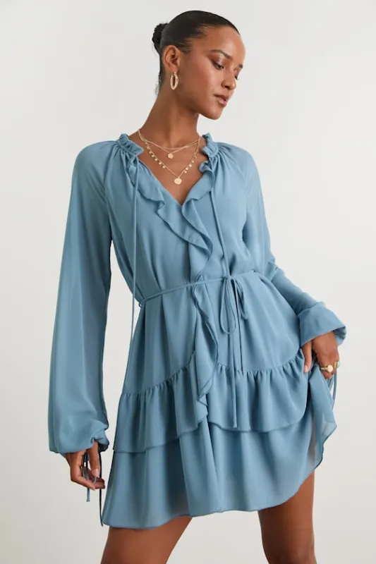 Allirah Light Blue Ruffled Long Sleeve Mini Dress sold by Lulus