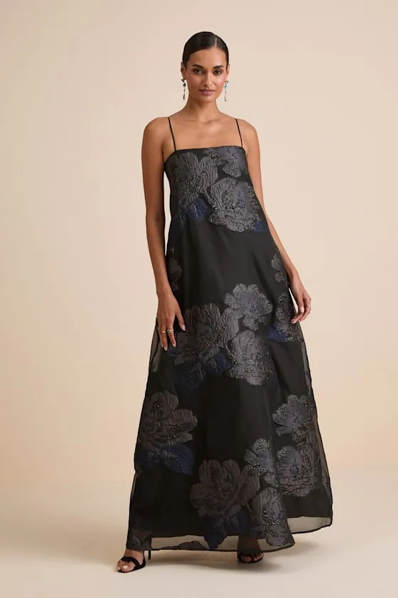 Yavanna Black Floral Jacquard Shift Maxi Dress sold by Lulus