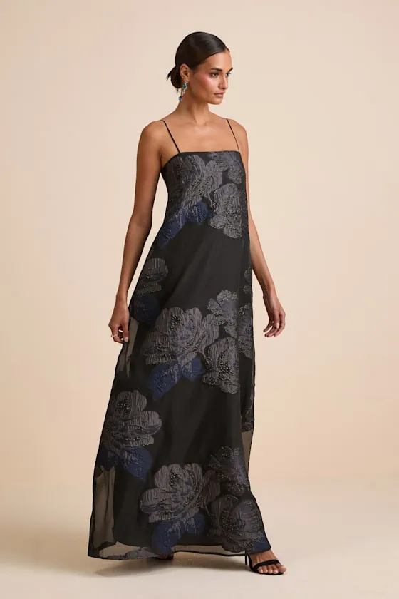 Yavanna Black Floral Jacquard Shift Maxi Dress sold by Lulus product image thumbnail 4