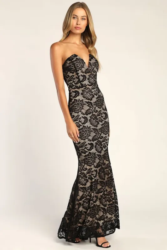 Sexy Sophistication Black Lace Strapless Trumpet Maxi Dress sold by Lulus
