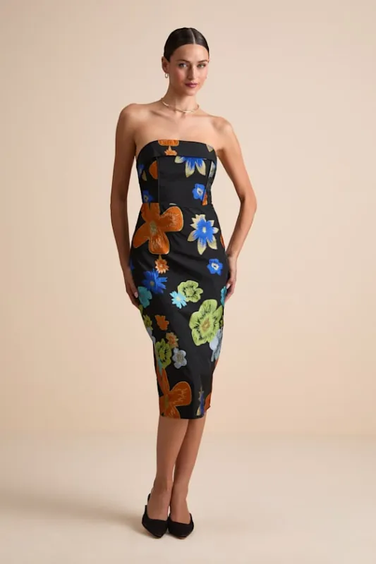 Wesson Black Floral Jacquard Lace-Up Strapless Midi Dress sold by Lulus