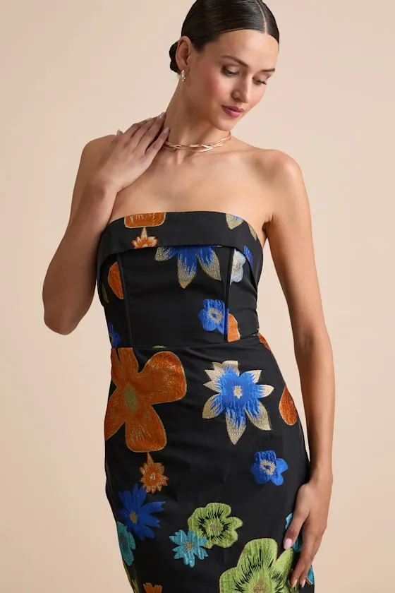 Wesson Black Floral Jacquard Lace-Up Strapless Midi Dress sold by Lulus product image thumbnail 2