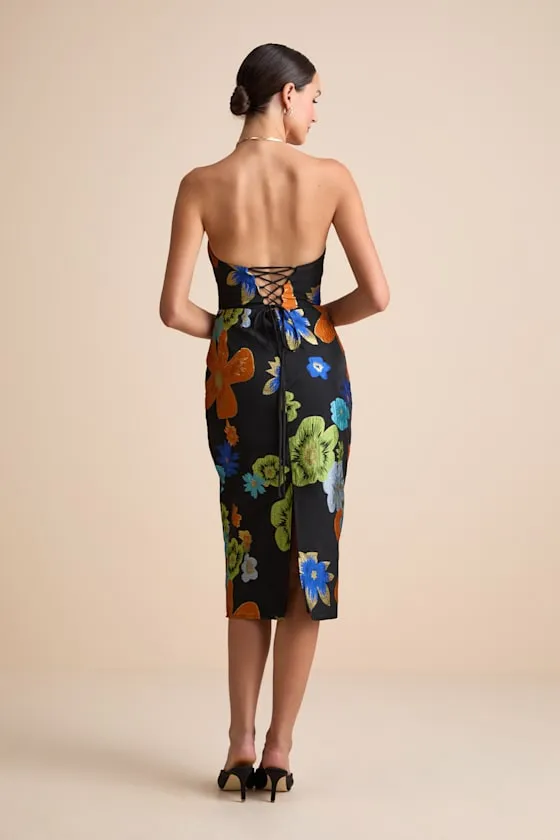 Wesson Black Floral Jacquard Lace-Up Strapless Midi Dress sold by Lulus product image thumbnail 3