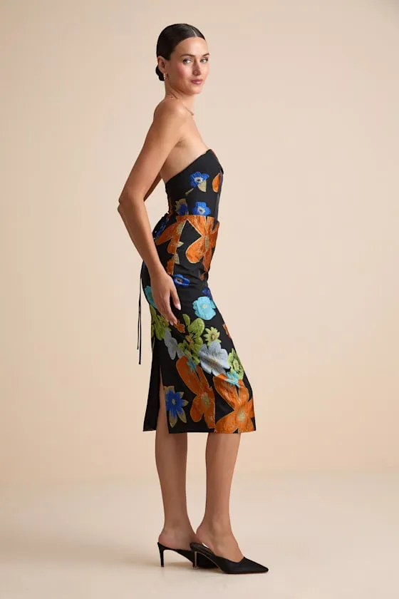 Wesson Black Floral Jacquard Lace-Up Strapless Midi Dress sold by Lulus product image thumbnail 4